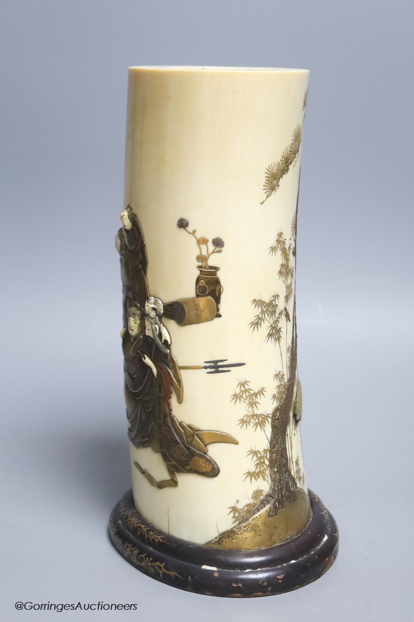 A Japanese Meiji period Shibayama ivory tusk vase, 28cm